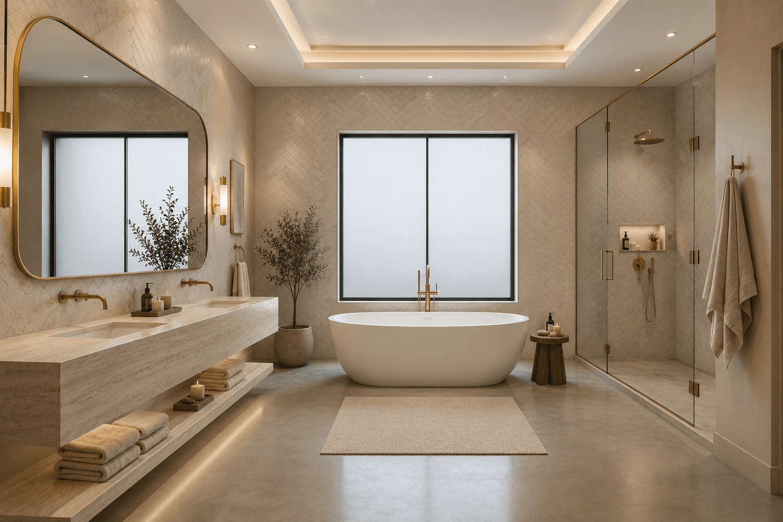 A Soft Beige Zellige Bathroom with a Travertine Vanity