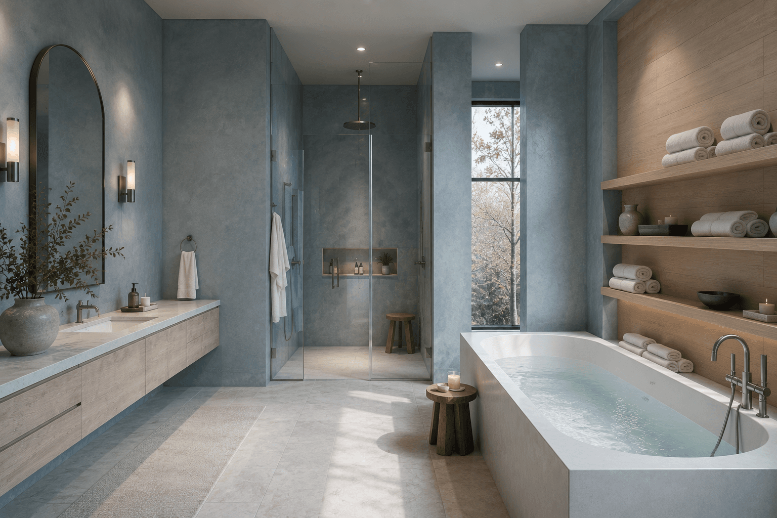 A Cool Blue Limewash Bathroom with a Stone Bathtub