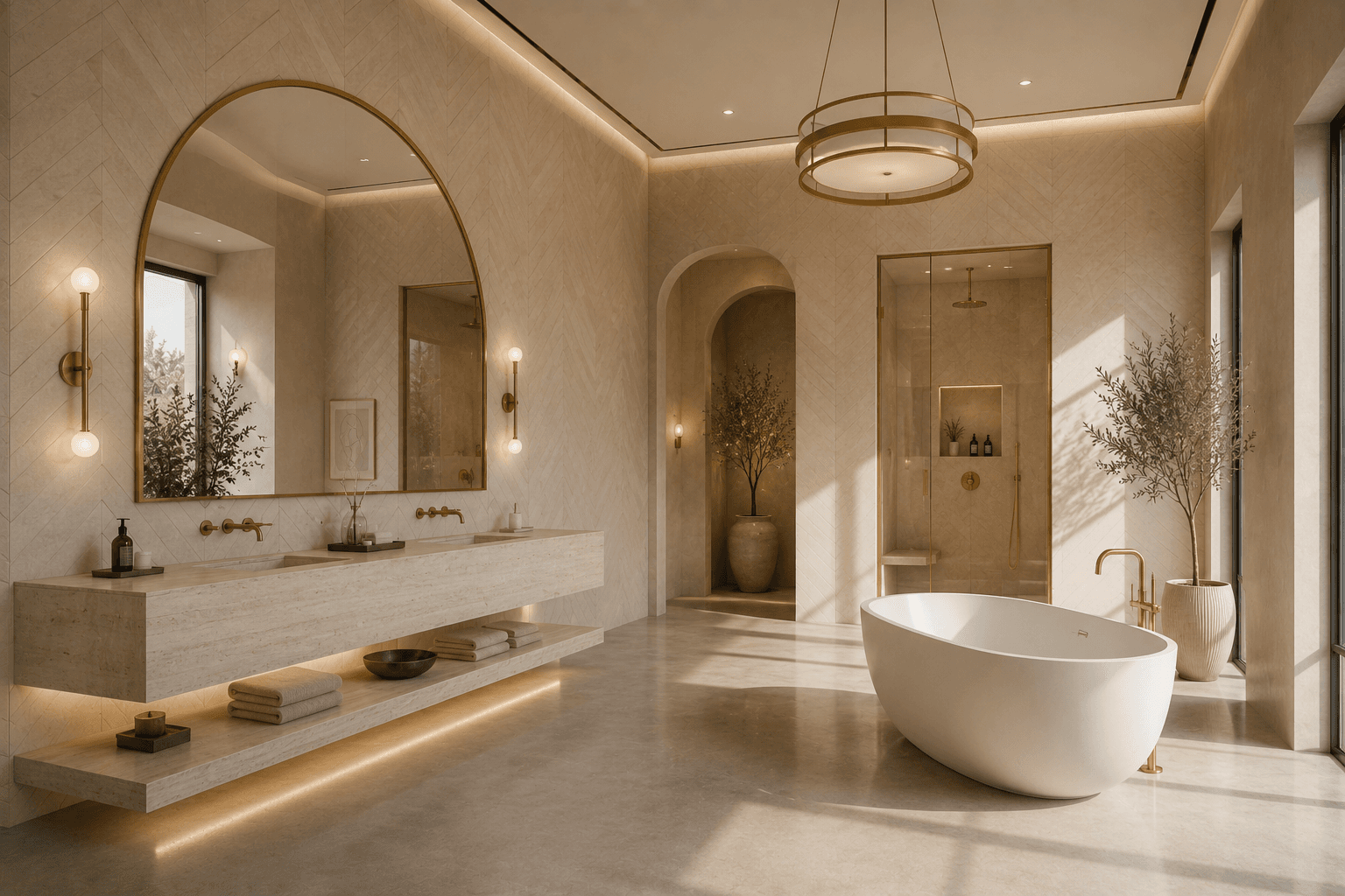 A Cream Travertine Spa Bathroom with an Arched Gold Mirror