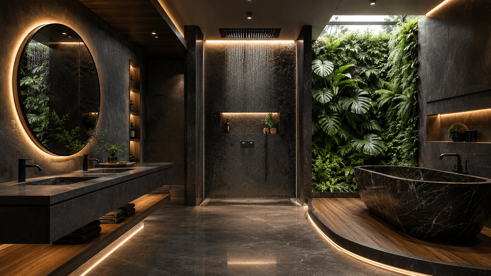 A Dark Stone Spa Bathroom with a Living Green Wall