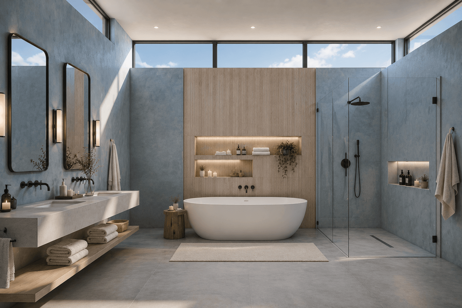 A Sky Blue Bathroom with a Wood Slat Wall and Skylights