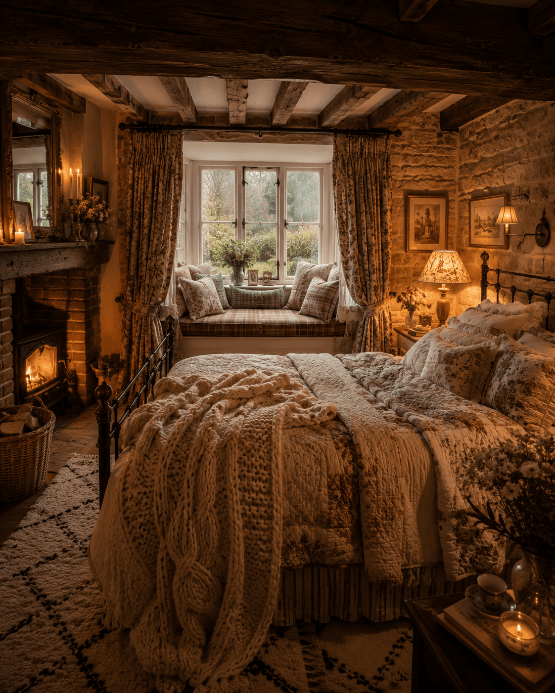 A Cozy Cottage Bedroom with a Crackling Fireplace