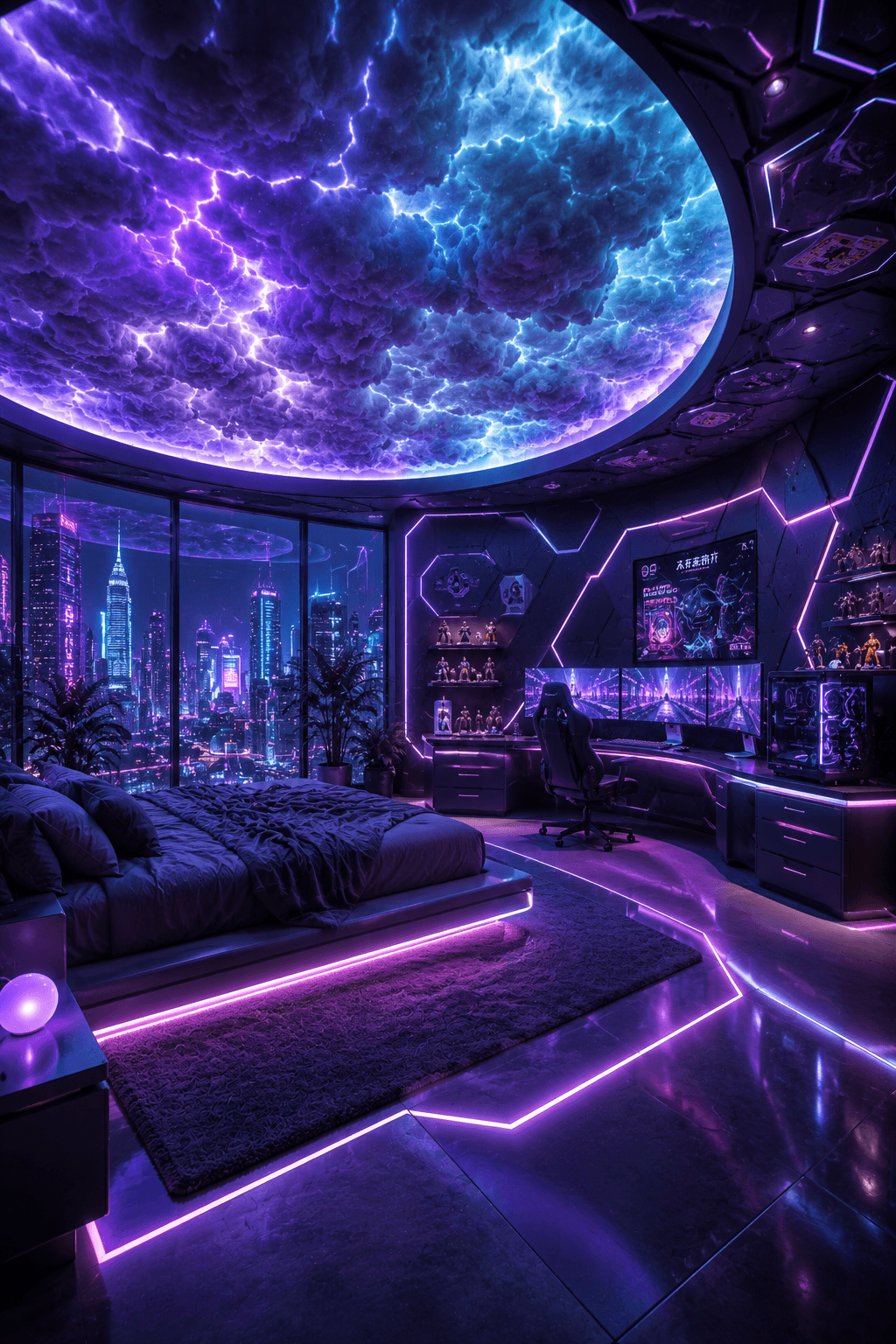 A Cyberpunk Gaming Bedroom with a Storm-Cloud Ceiling