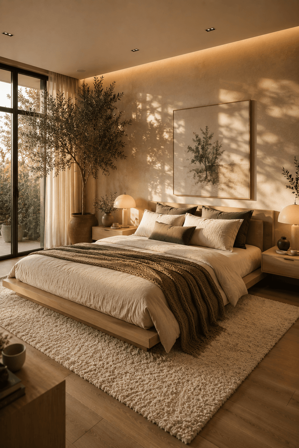 An Earthy Platform-Bed Bedroom with an Indoor Olive Tree