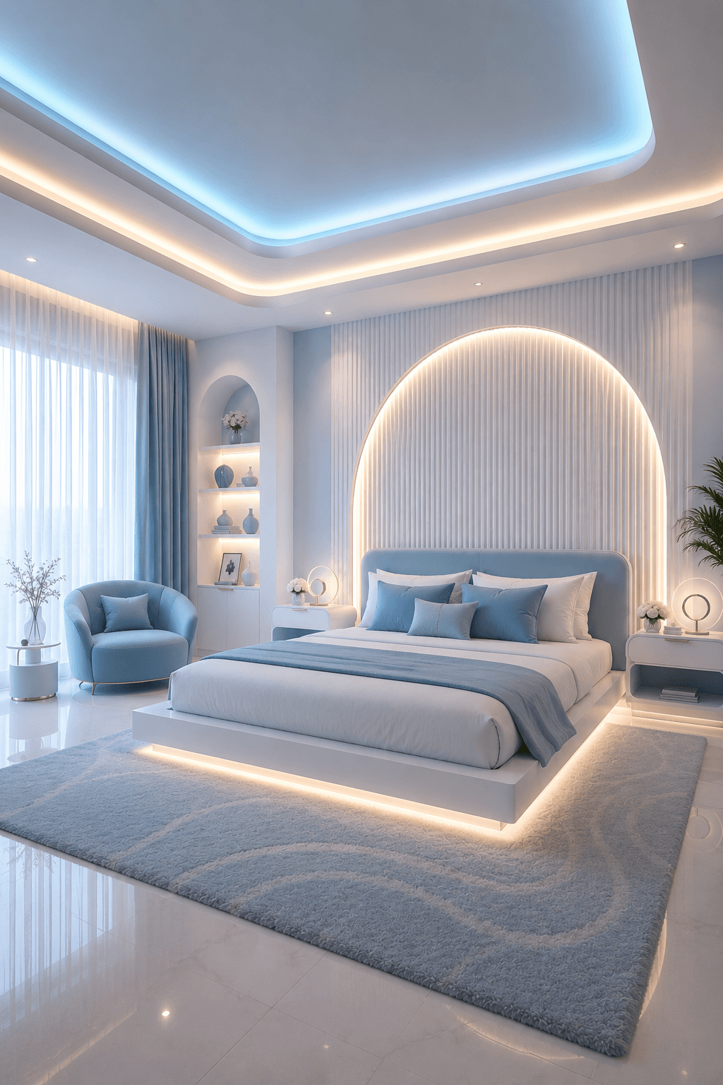 A Futuristic Blue-and-White Bedroom Lit by LED