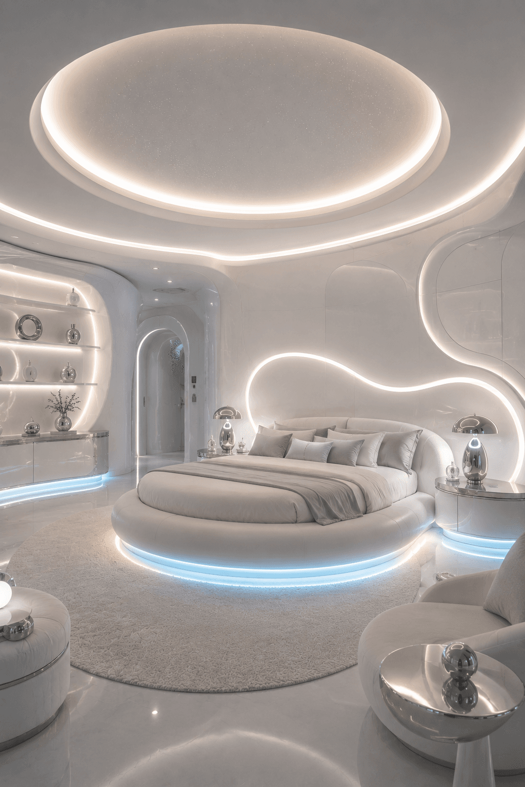 A Sci-Fi White Bedroom with a Floating Round Bed