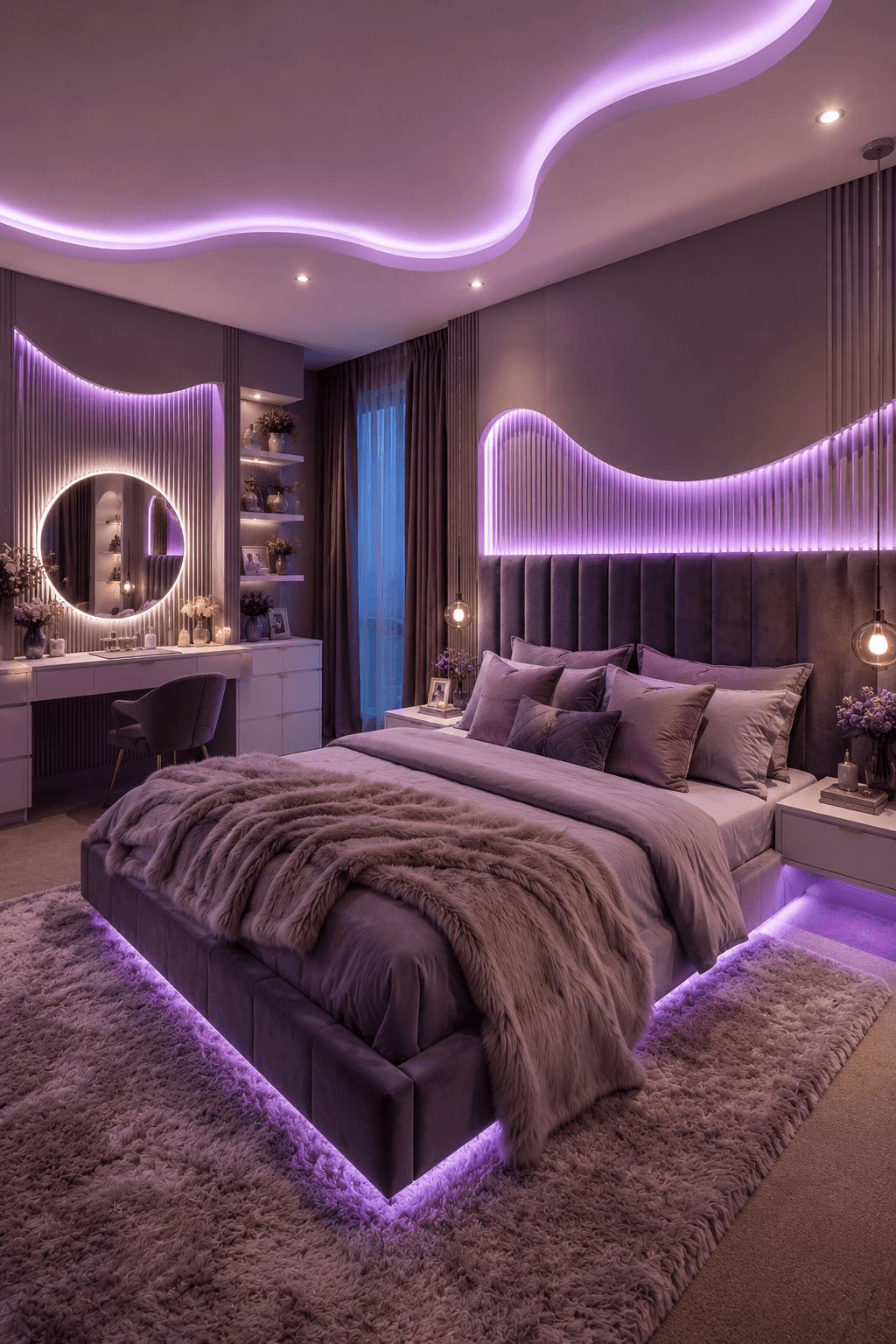 A Neon-Lit Purple Glam Bedroom with a Vanity Corner
