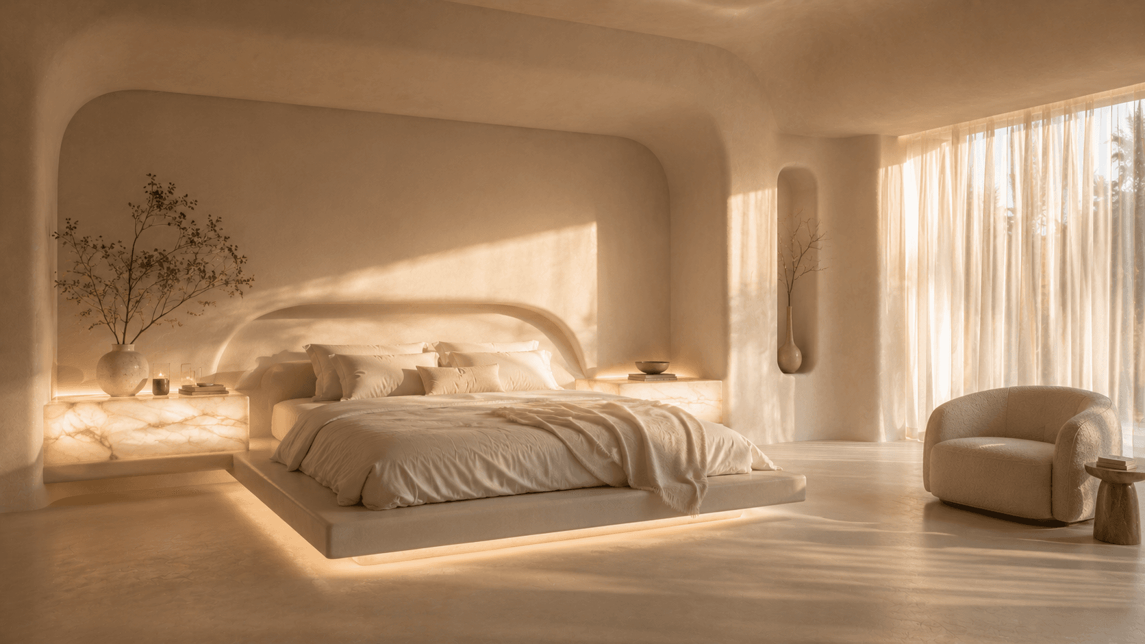 A Plaster Bedroom Lit by Glowing Alabaster Nightstands