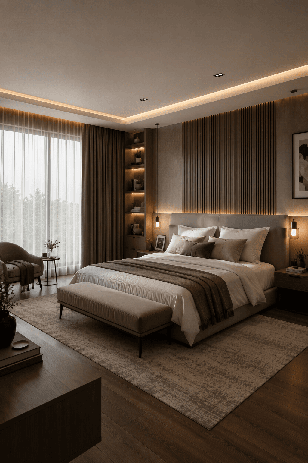 A Japandi Bedroom with a Wood Slat Accent Wall
