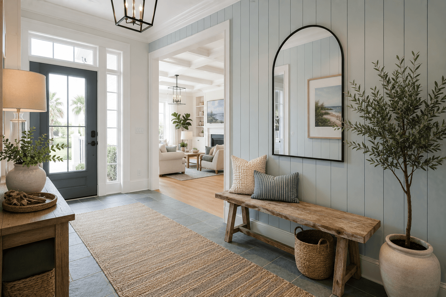 A Coastal Blue Entryway with Shiplap and a Driftwood Bench