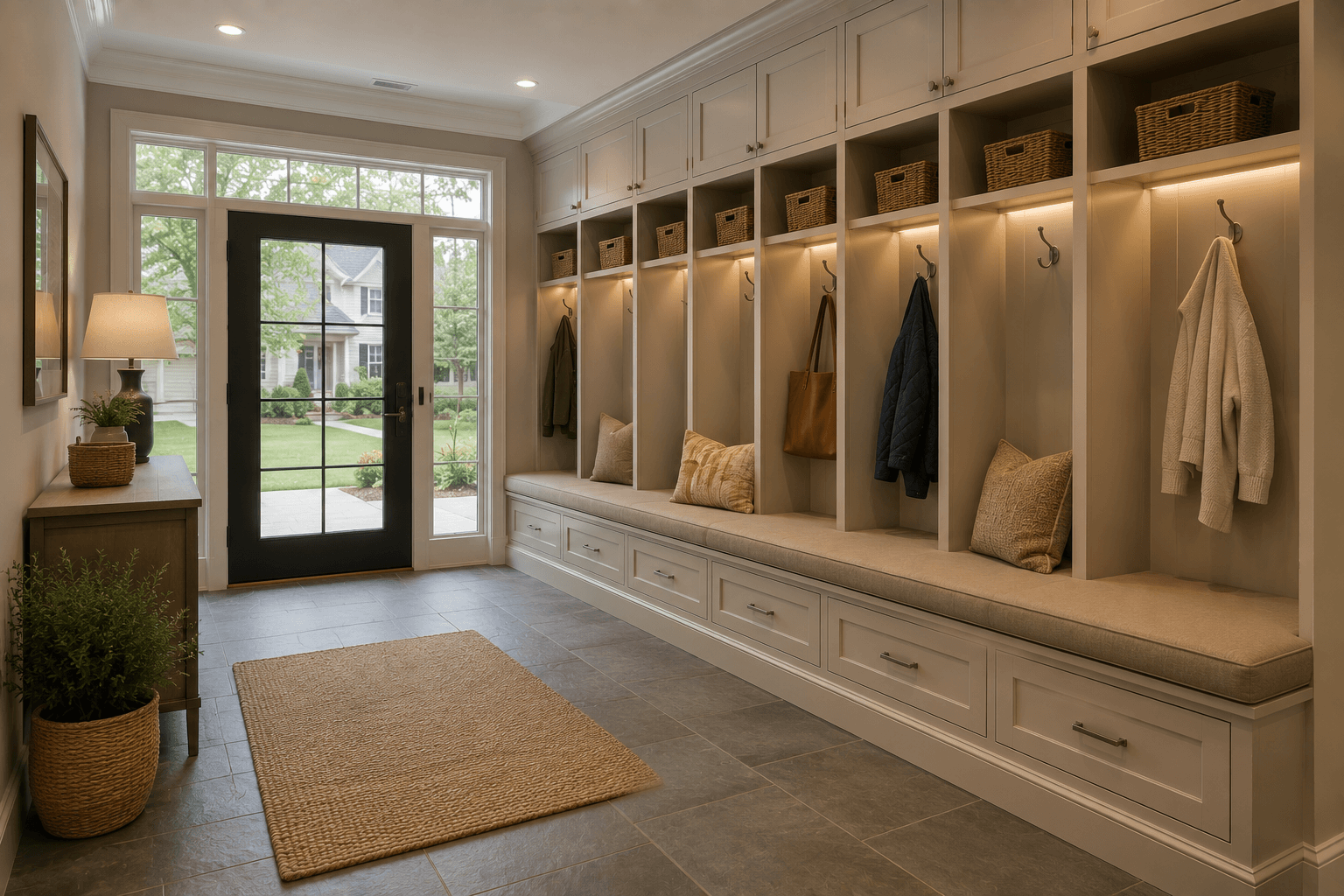 A Cream Mudroom with Locker Cubbies and a Cushioned Bench