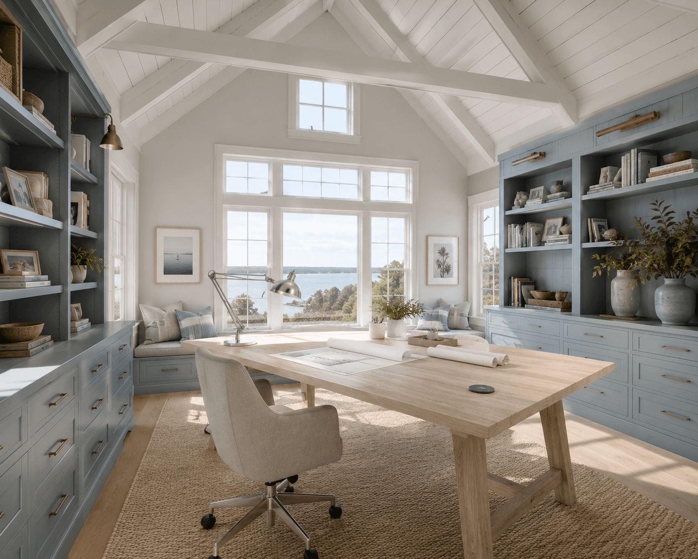 A Coastal Blue Home Office with Vaulted Beams and a Sea View
