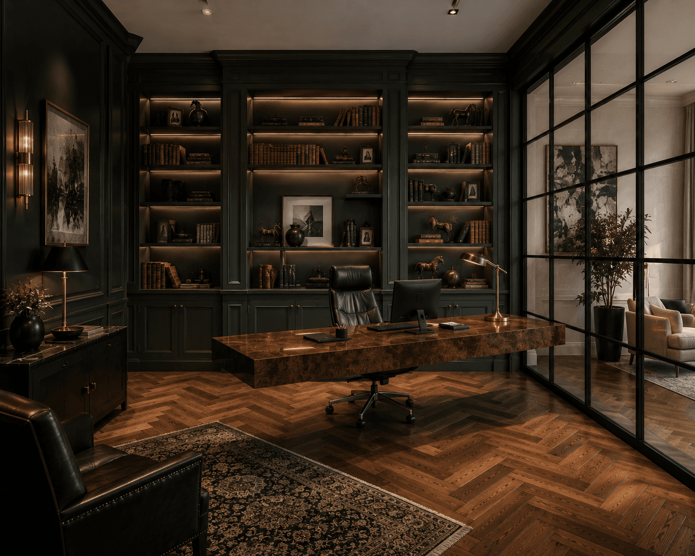 A Dark Academia Home Office with a Burl Desk and Glass Wall