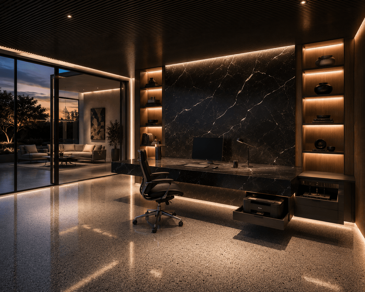A Marquina Marble Desk Wall Office with Hidden Printer Storage