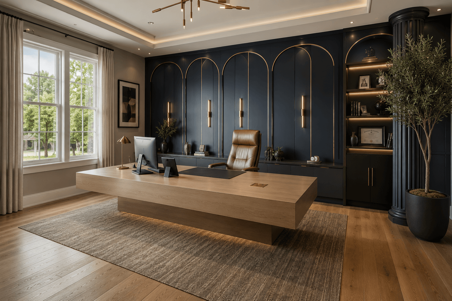 A Neo Deco Home Office with Navy Arches and an Oak Desk