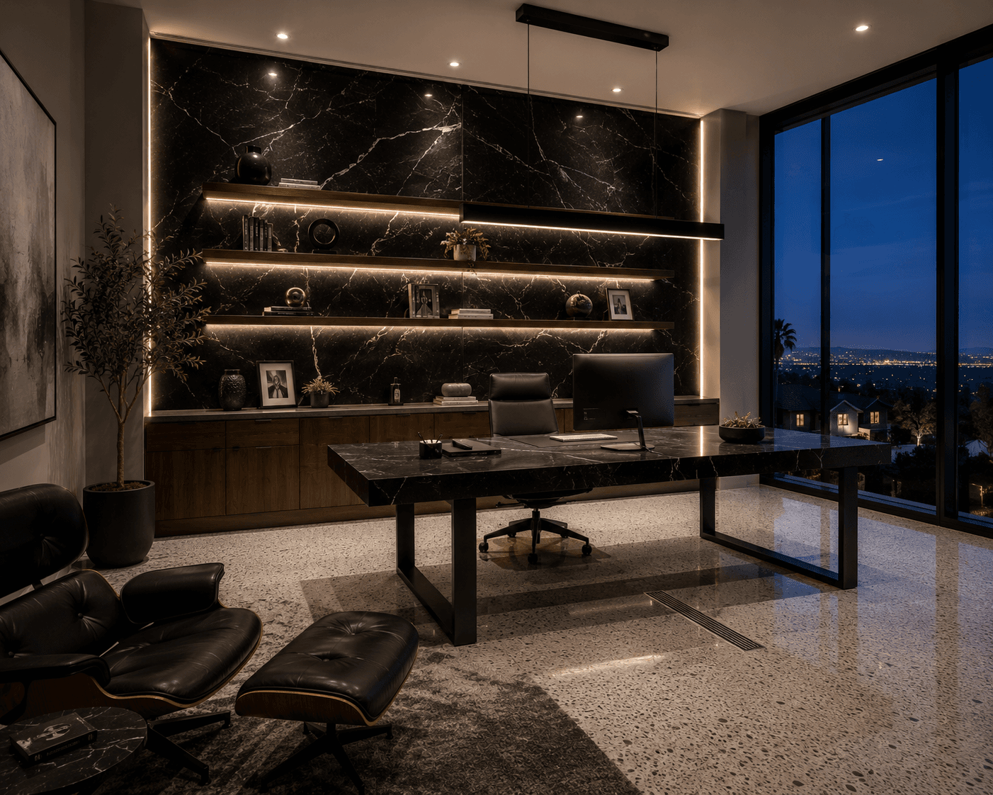 A Noir Marble Home Office with an Eames Lounge at Dusk