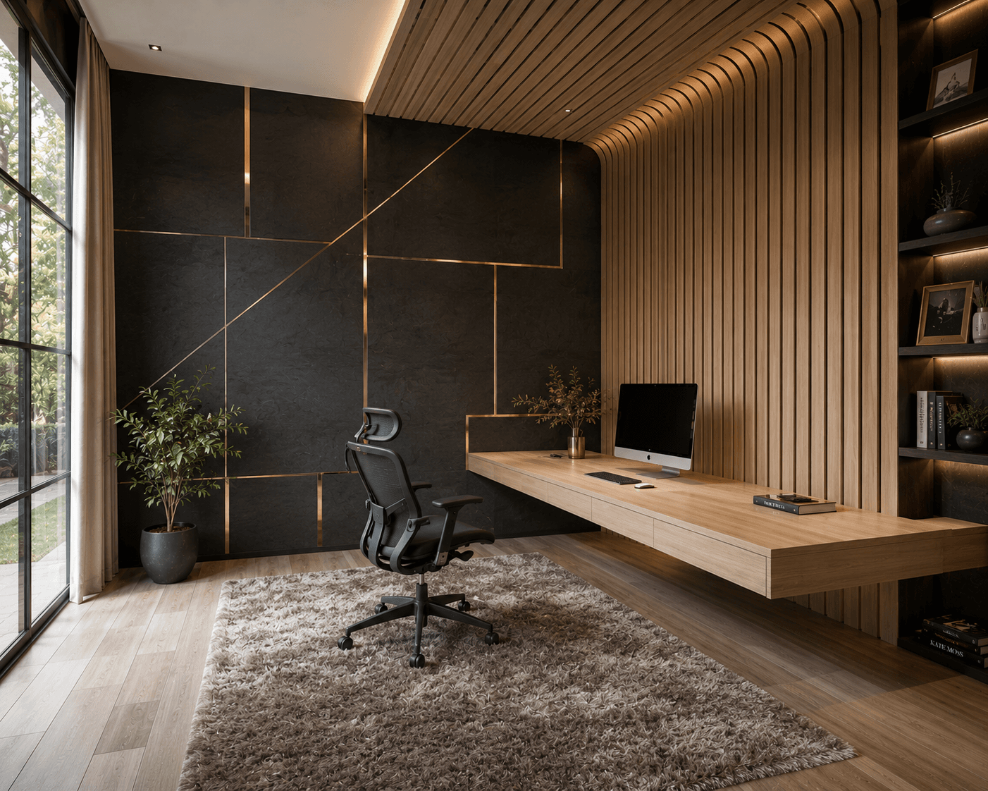 An Oak Canopy Desk Nook with a Brass-Inlaid Stone Wall