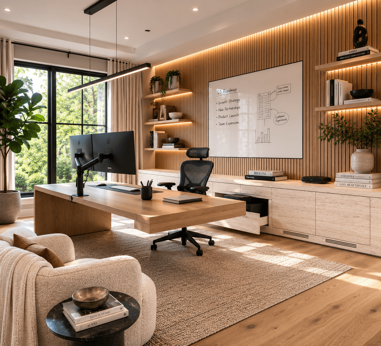 An Oak Slat Home Office with Dual Monitors and Travertine