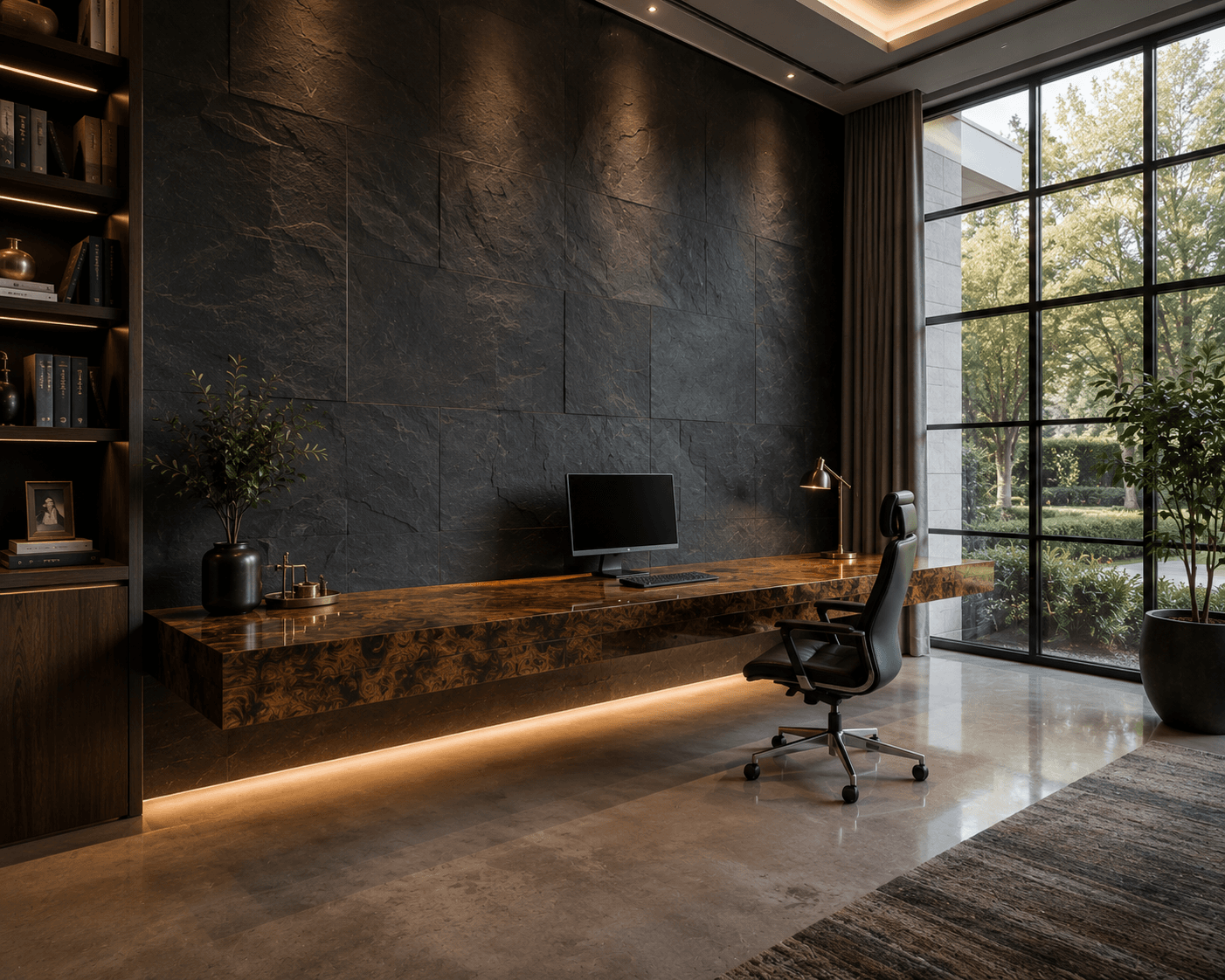 A Slate Stone Office Wall with a Floating Burl Desk