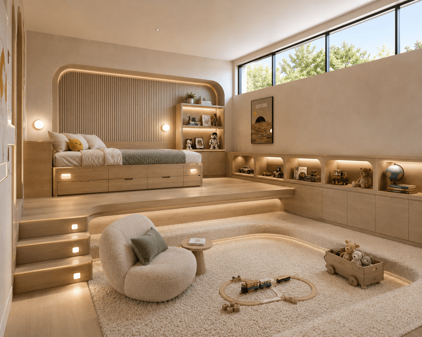 A Kids Room with a Platform Bed and Sunken Play Pit