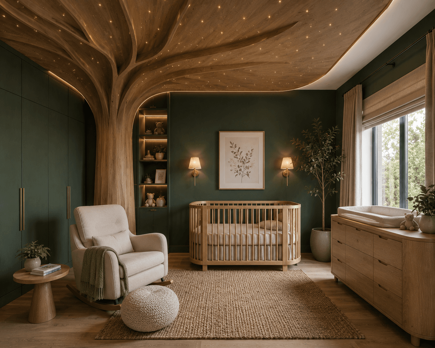 A Woodland Nursery with a Sculptural Tree and Starlit Ceiling