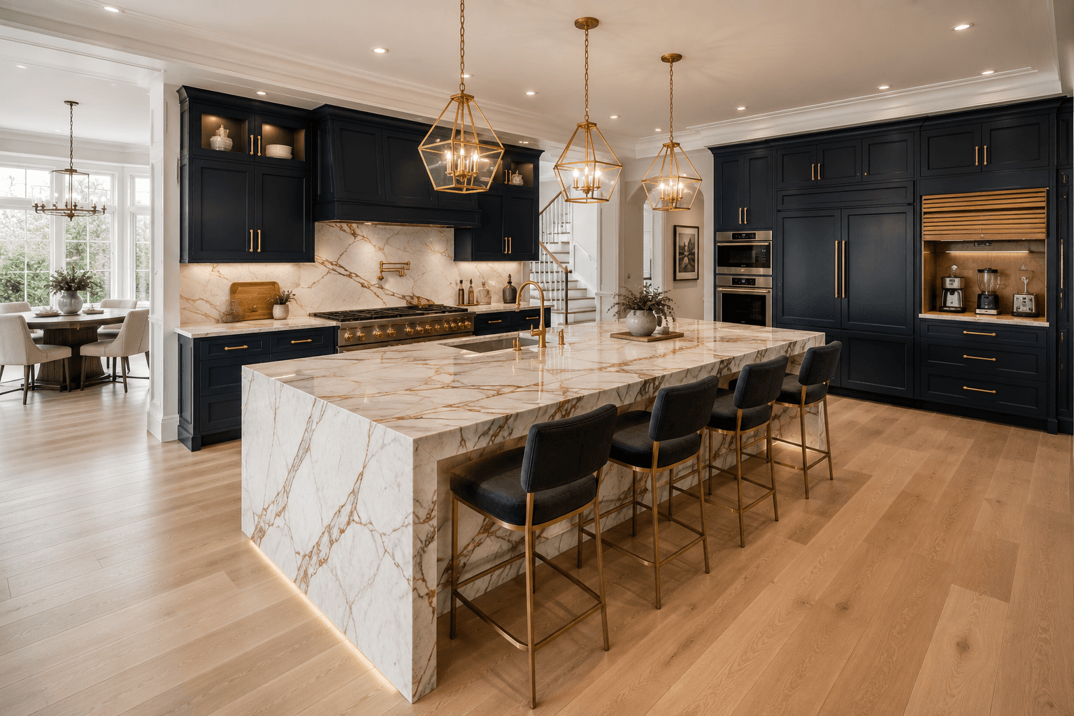 A Navy and Gold Kitchen with a Calacatta Waterfall Island