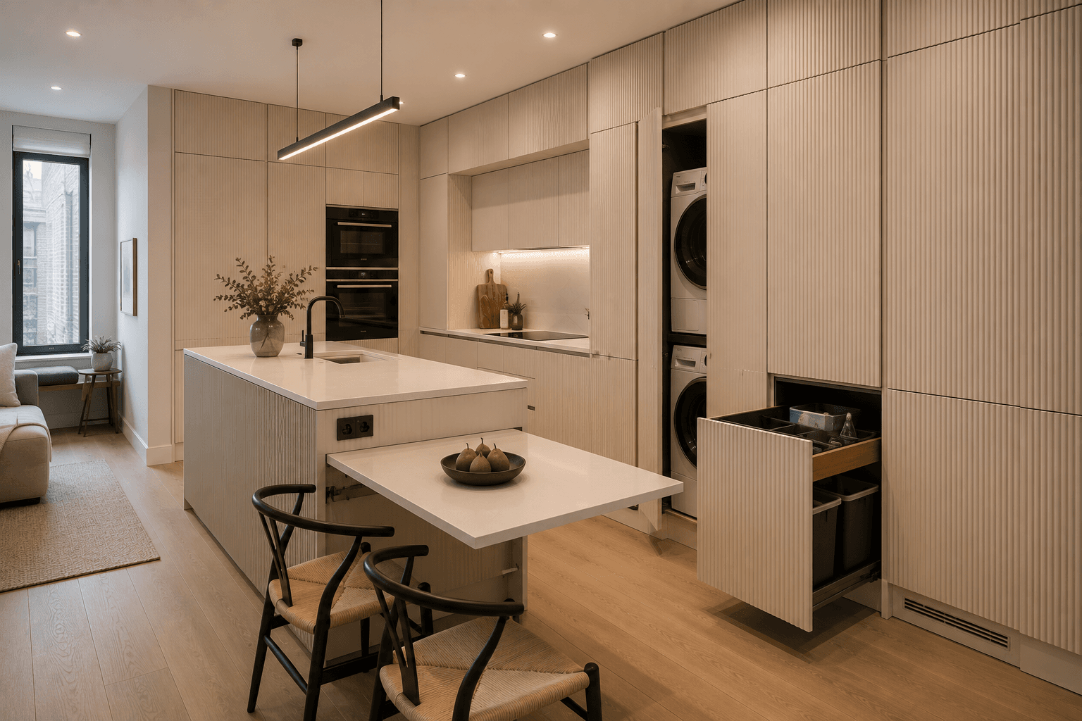A Small Fluted Kitchen with a Pull-Out Table and Hidden Laundry