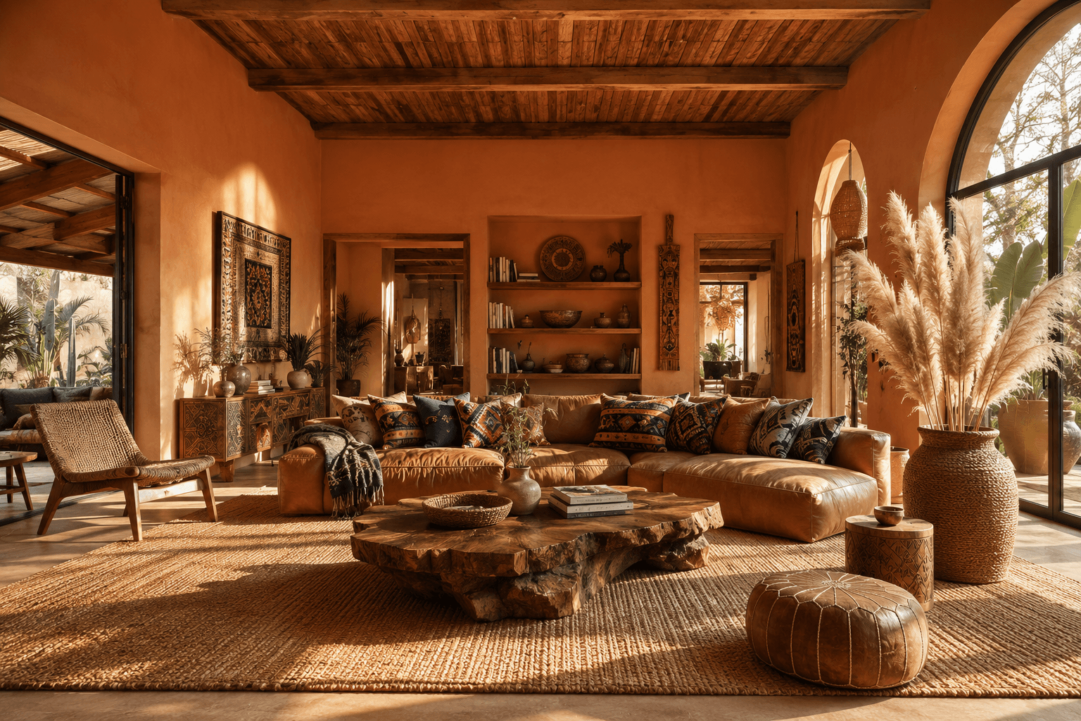 An Afrohemian Living Room in Terracotta and Woven Texture