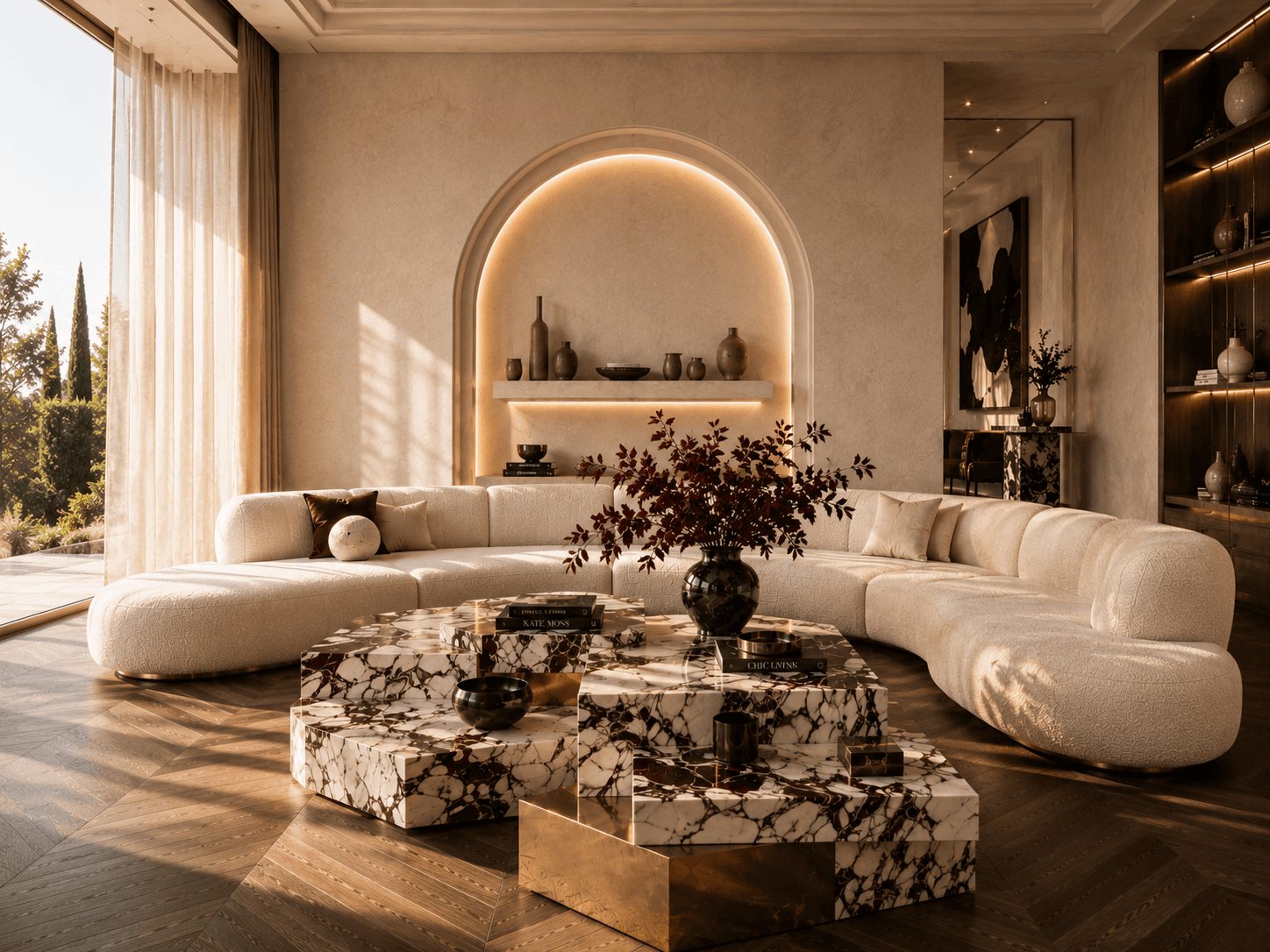 An Arched Niche Living Room With Tiered Viola Marble Tables