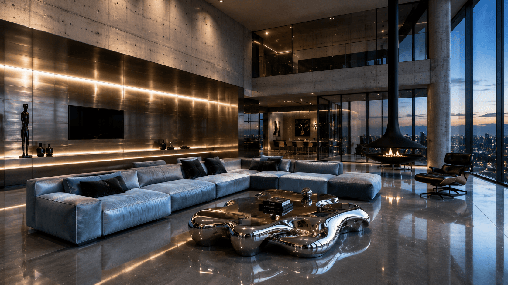 A Concrete Penthouse at Dusk with a Liquid Chrome Table