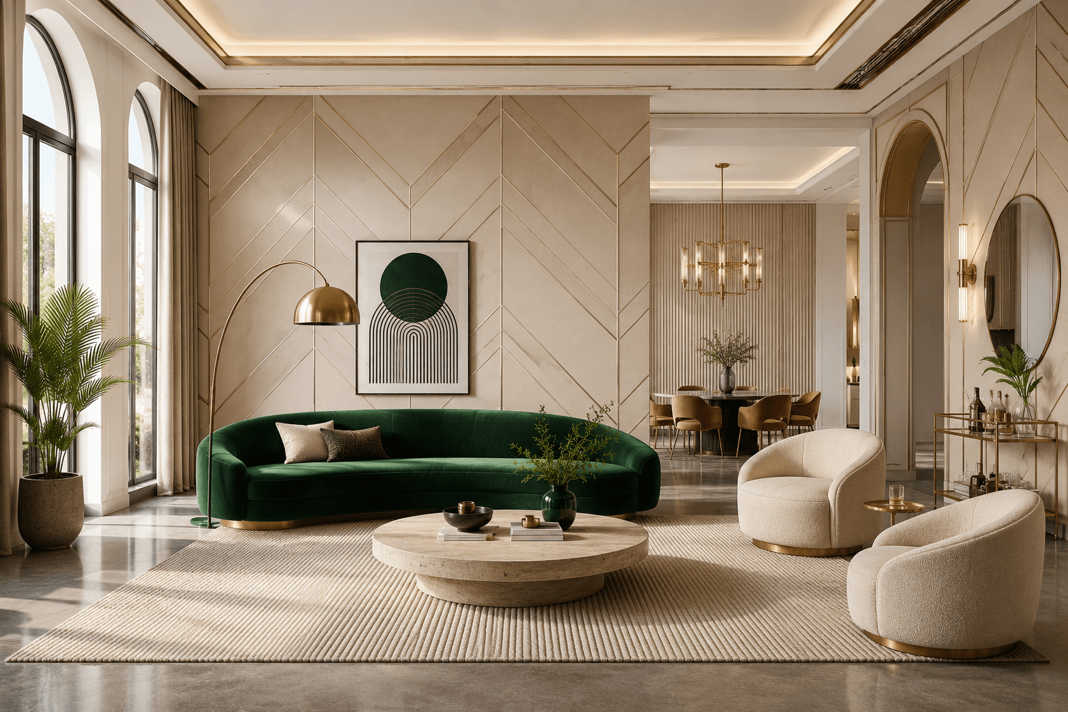 An Emerald Velvet Sofa in a Cream Chevron-Panelled Living Room