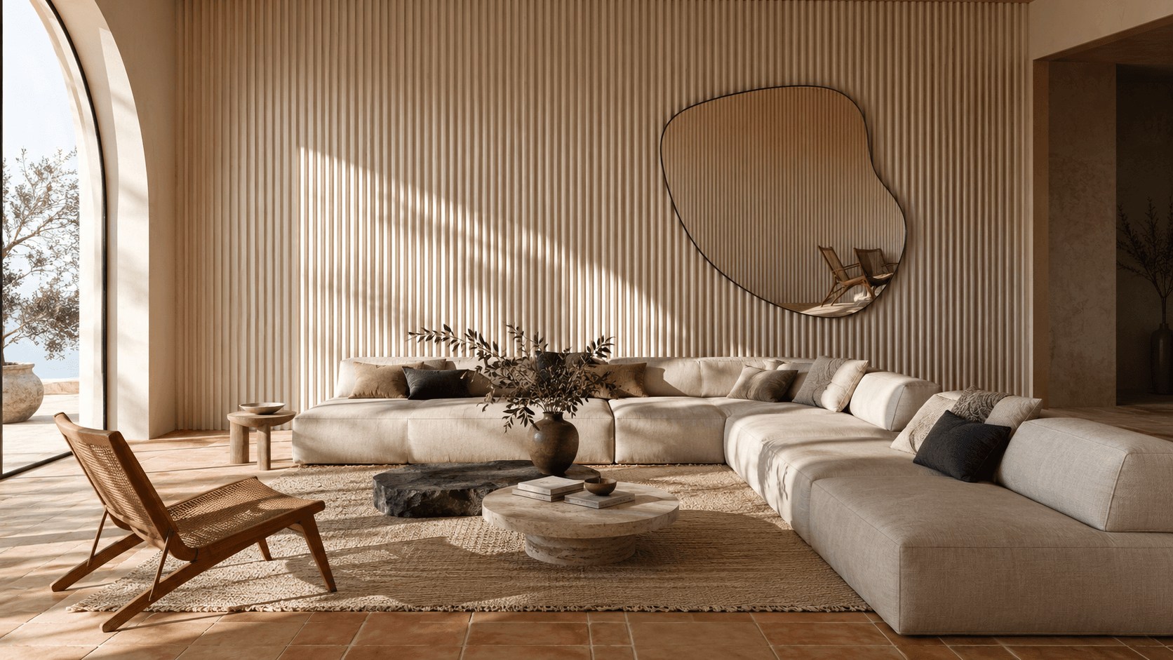 A Fluted Wall Living Room on Terracotta Tile
