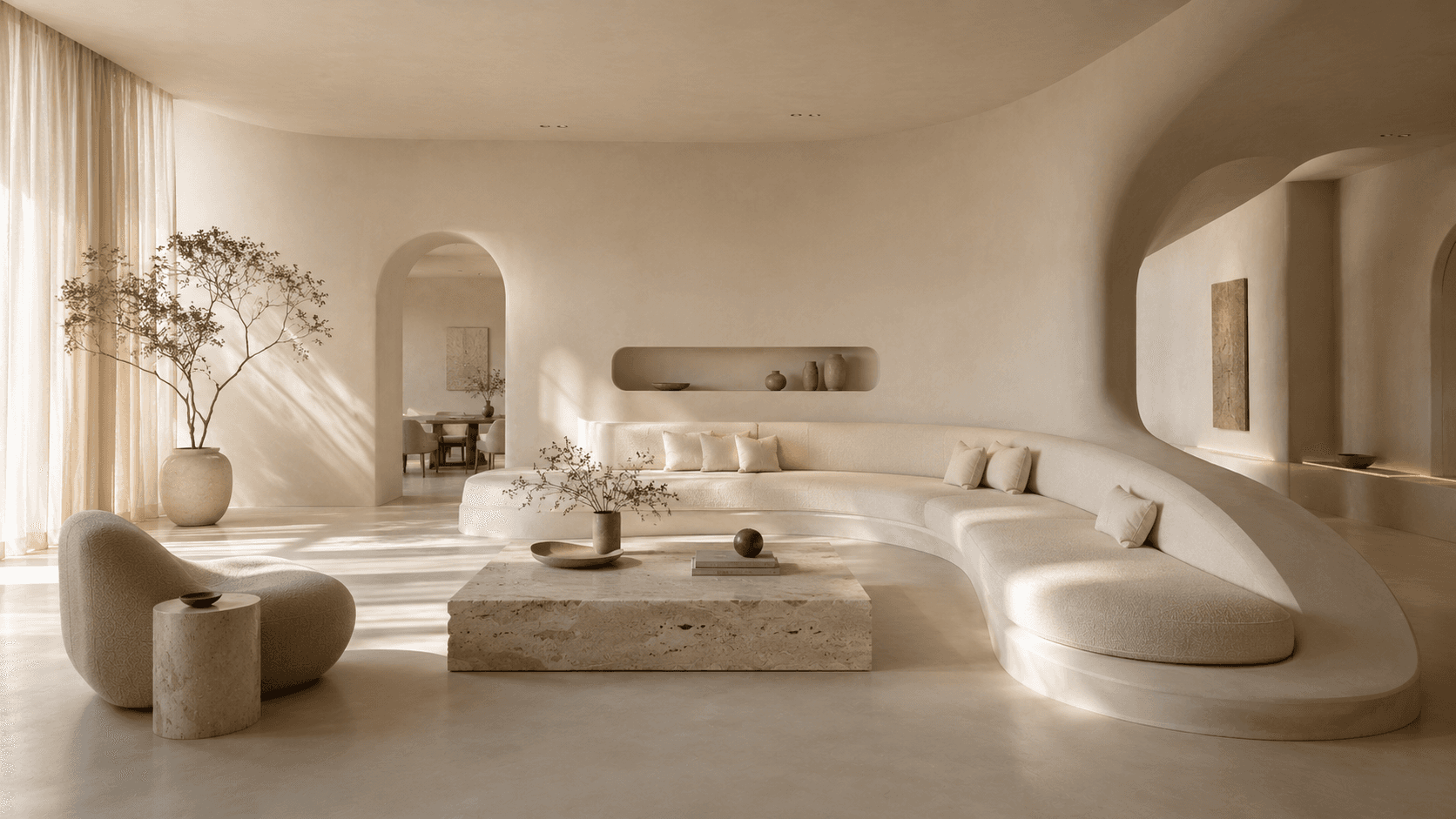 An Ivory Crescent Banquette in a Sculpted Plaster Living Room