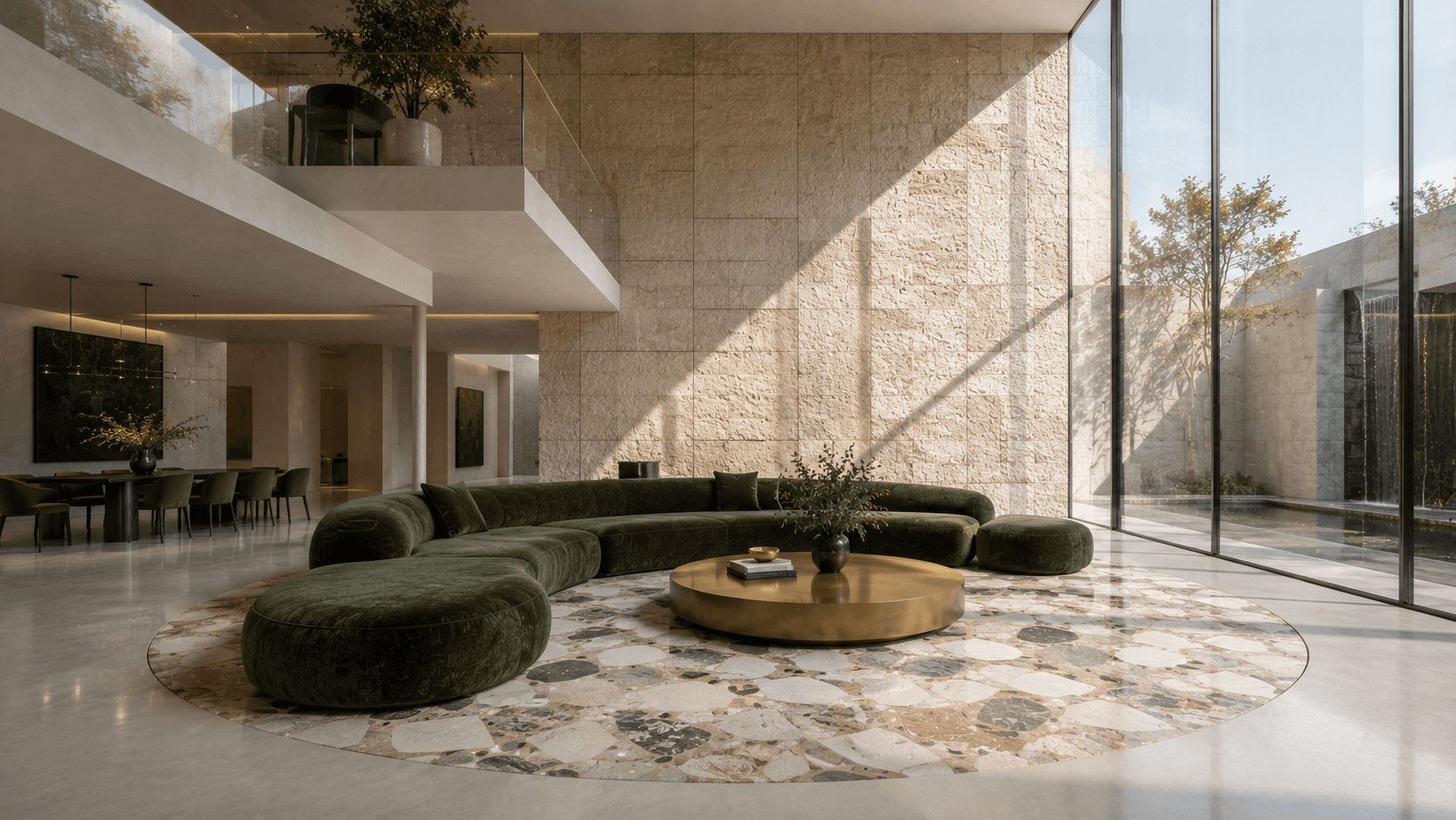 A Moss Velvet Serpentine Sofa on a Terrazzo Circle