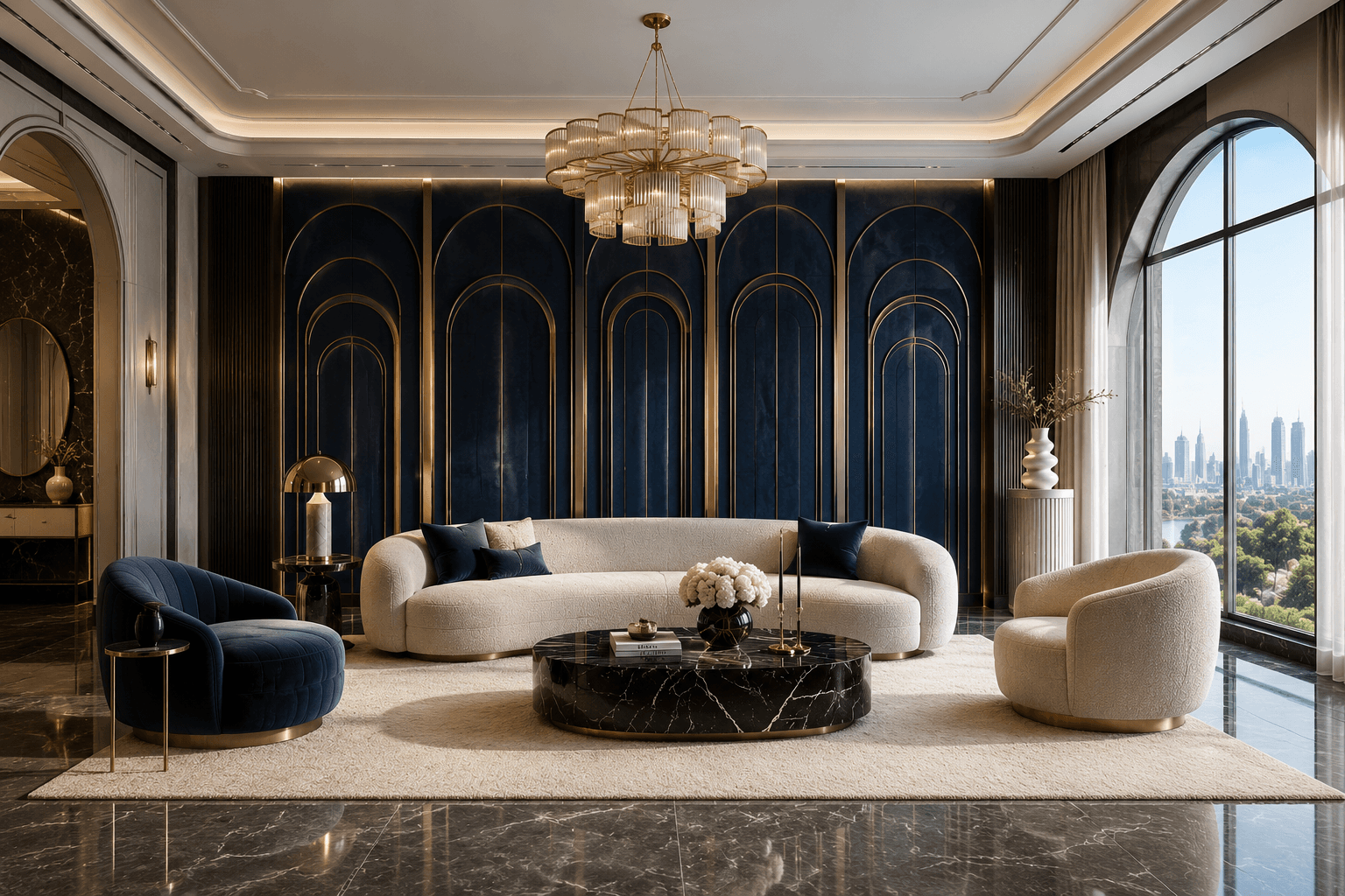 A Neo Deco Living Room with Navy Arched Panels and Brass