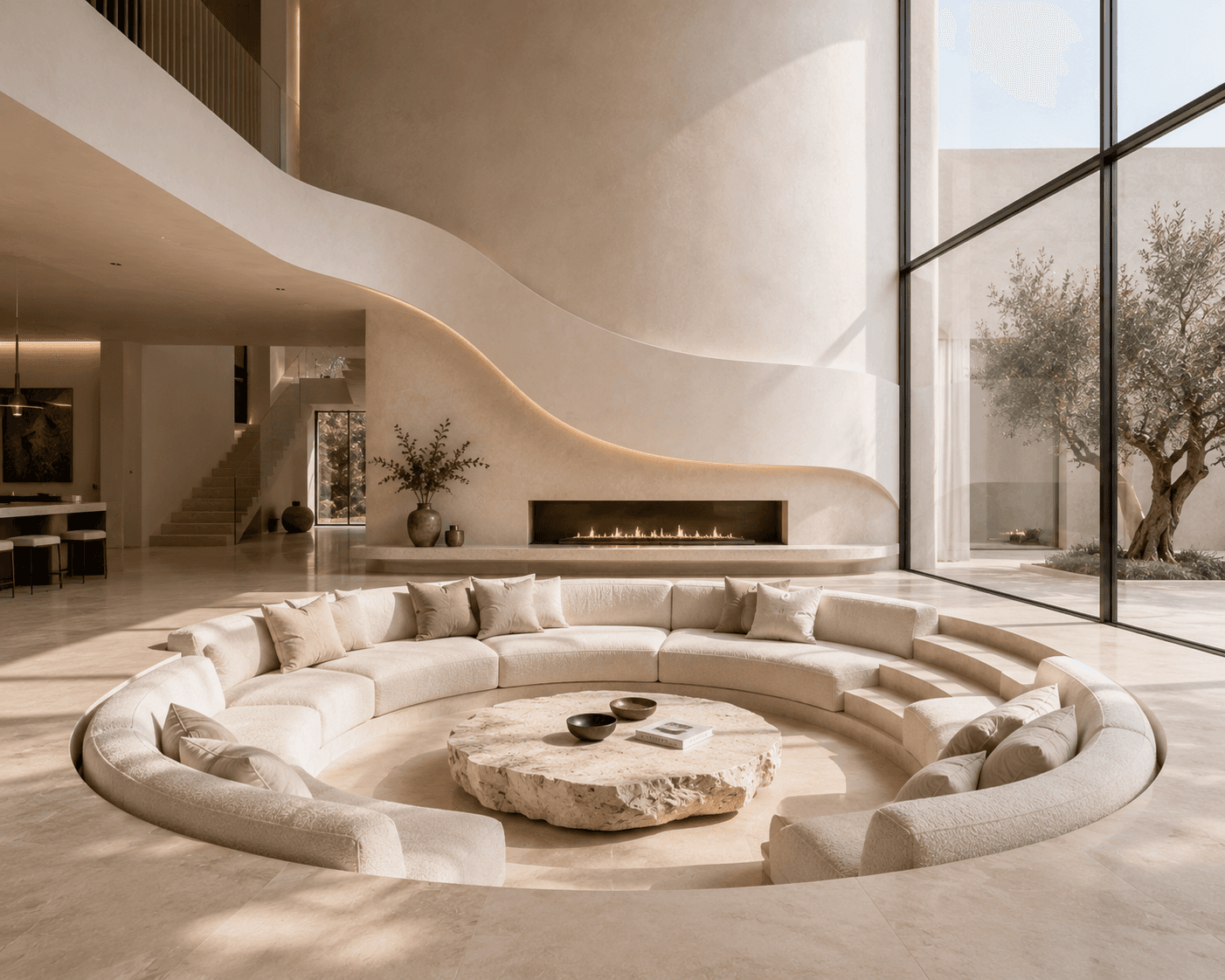 A Sunken Conversation Pit in a Sculpted Plaster Atrium