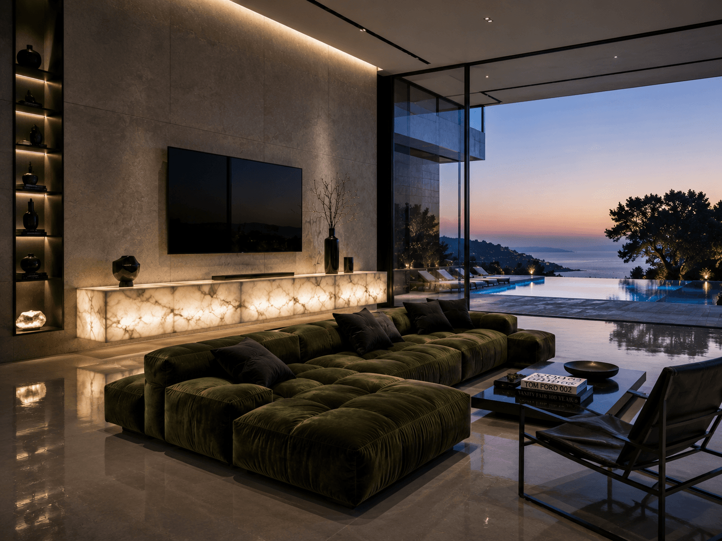 A Backlit Onyx TV Wall Overlooking the Ocean at Dusk