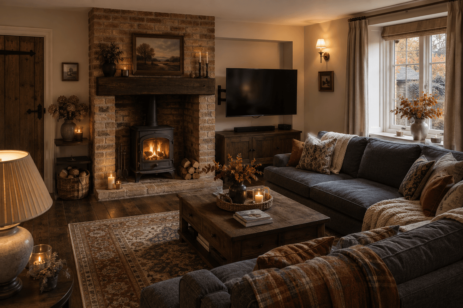 A Cottage TV Corner Beside a Brick Fireplace and Log Burner
