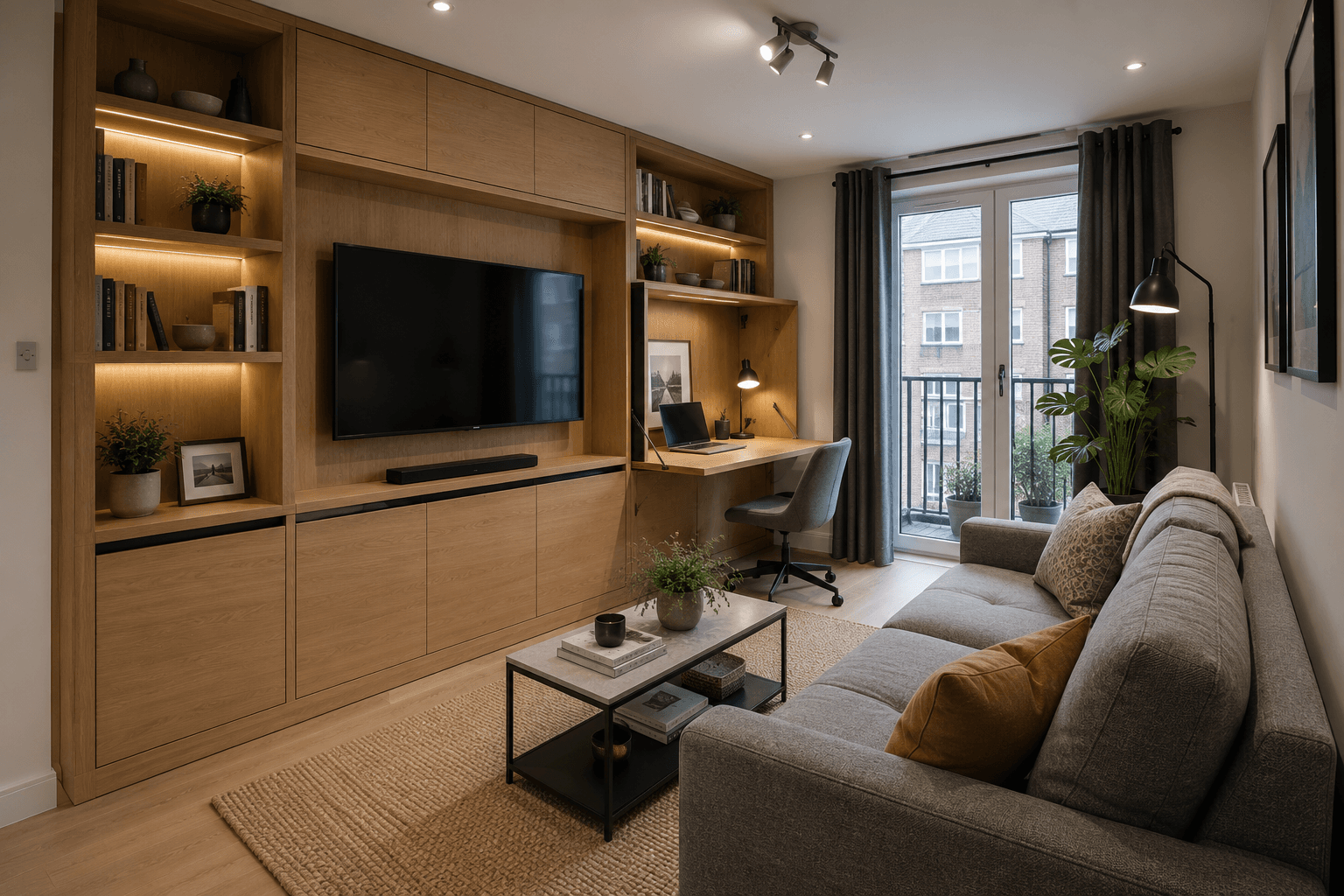 A Small-Space Oak TV Wall with a Fold-Down Desk