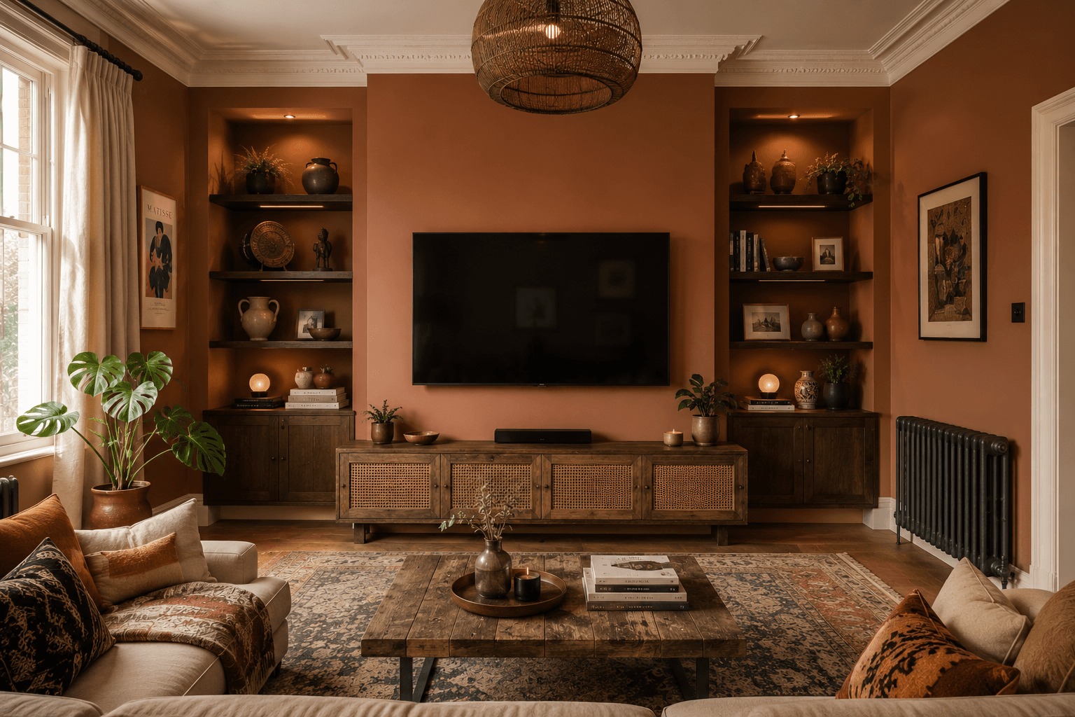 A Terracotta TV Wall with a Cane Console and Lit Alcoves