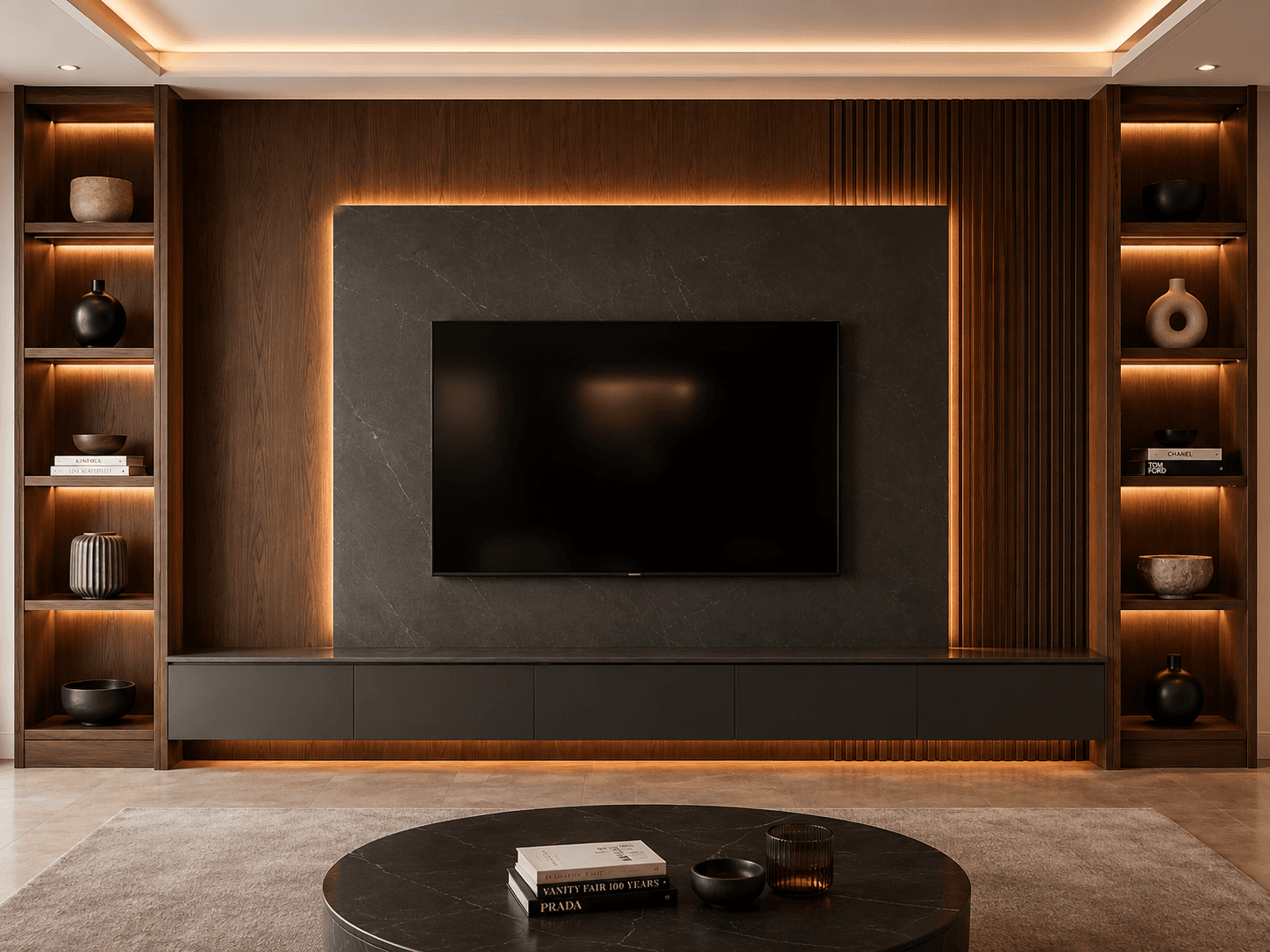 A Walnut Media Wall with a Backlit Stone TV Panel