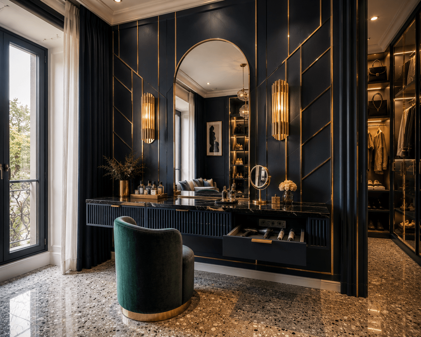 An Art Deco Vanity in Midnight Navy, Brass & Black Marble