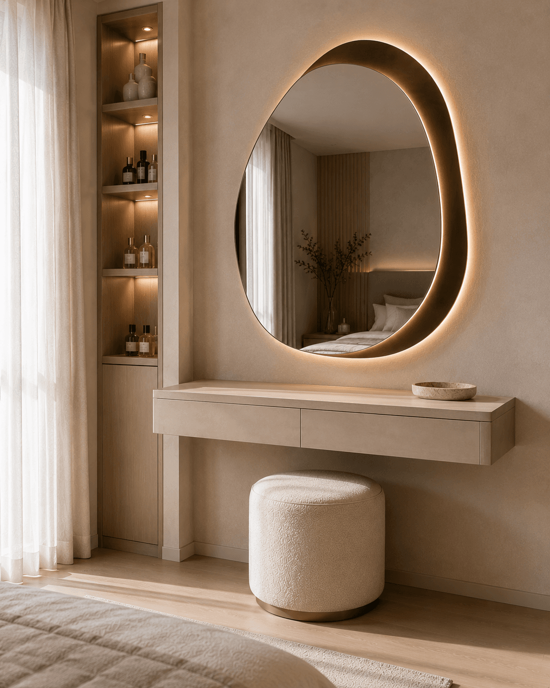 A Bronze Pebble Mirror Vanity in Layered Greige