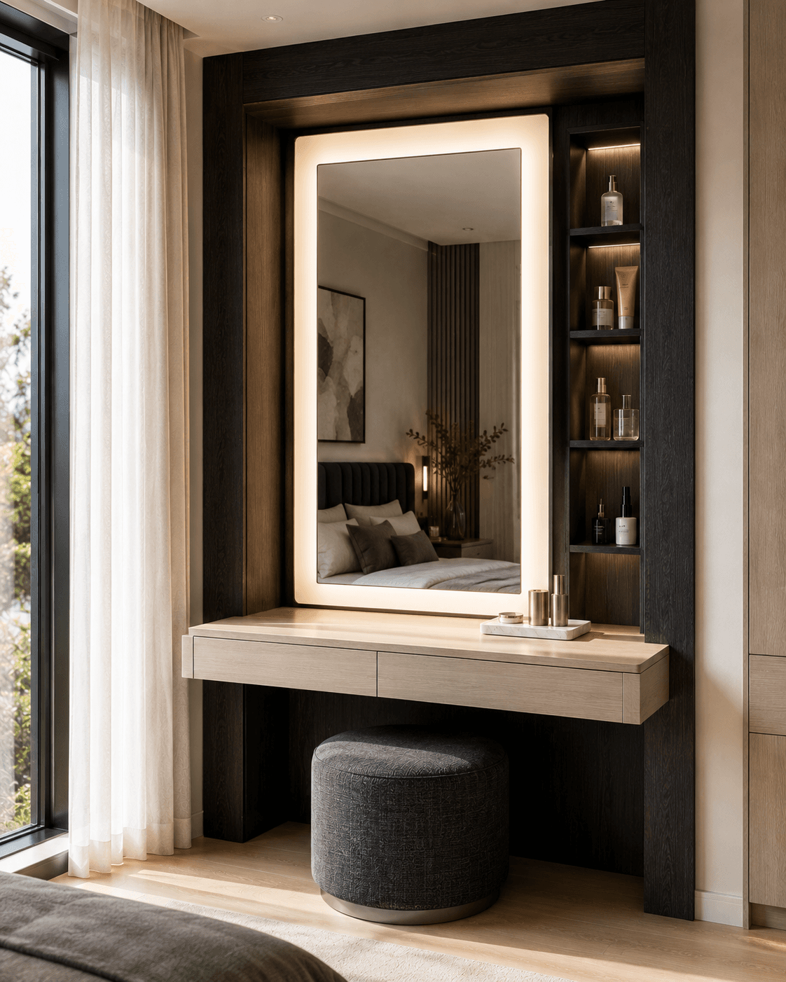 A Dark Oak Vanity Niche with a Halo Frame and Lit Shelves