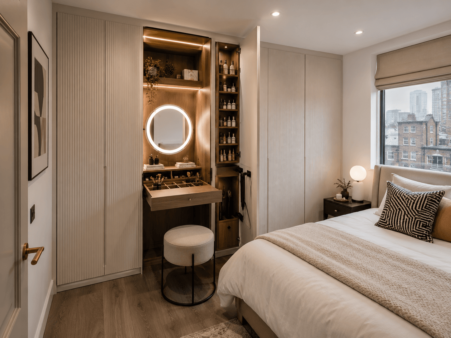 A Hidden Fold-Out Vanity Tucked Inside a Fluted Wardrobe
