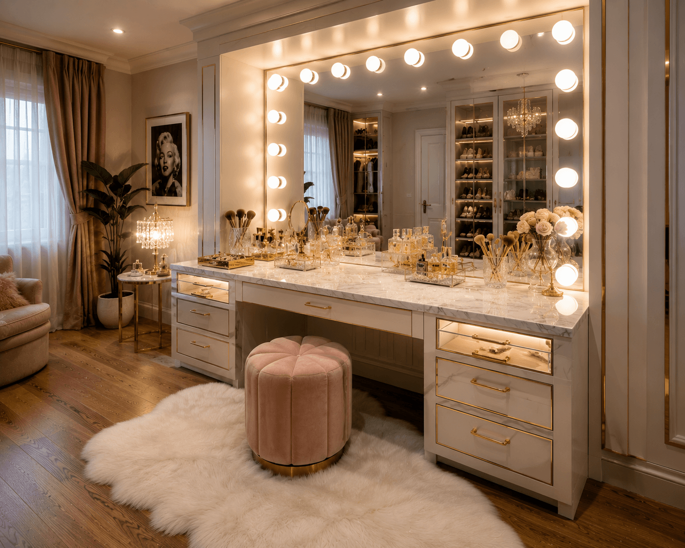A Hollywood Glam Vanity in Blush, Marble & Marquee Lights