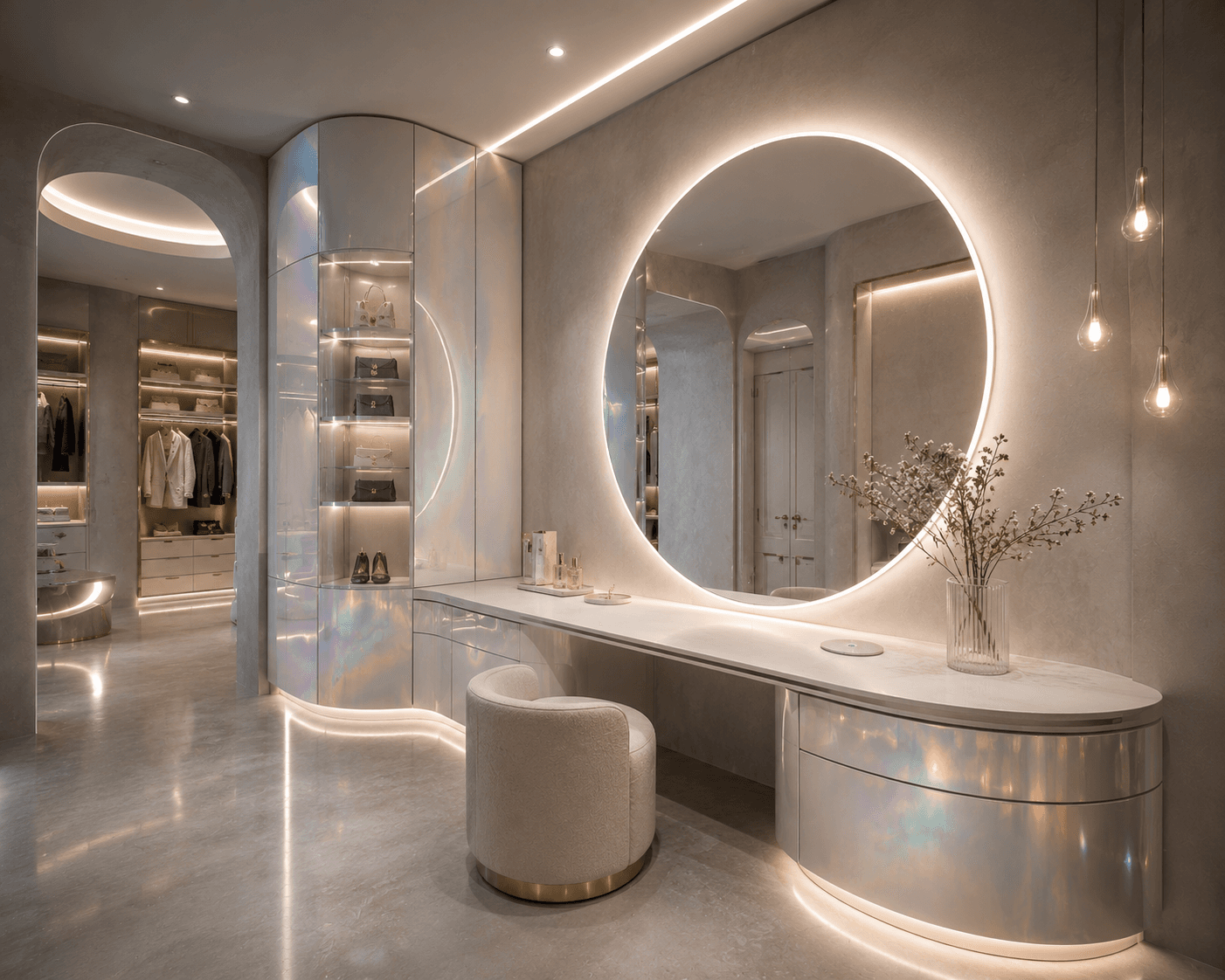A Futuristic Pearl Vanity with Iridescent Curves & Halo Light