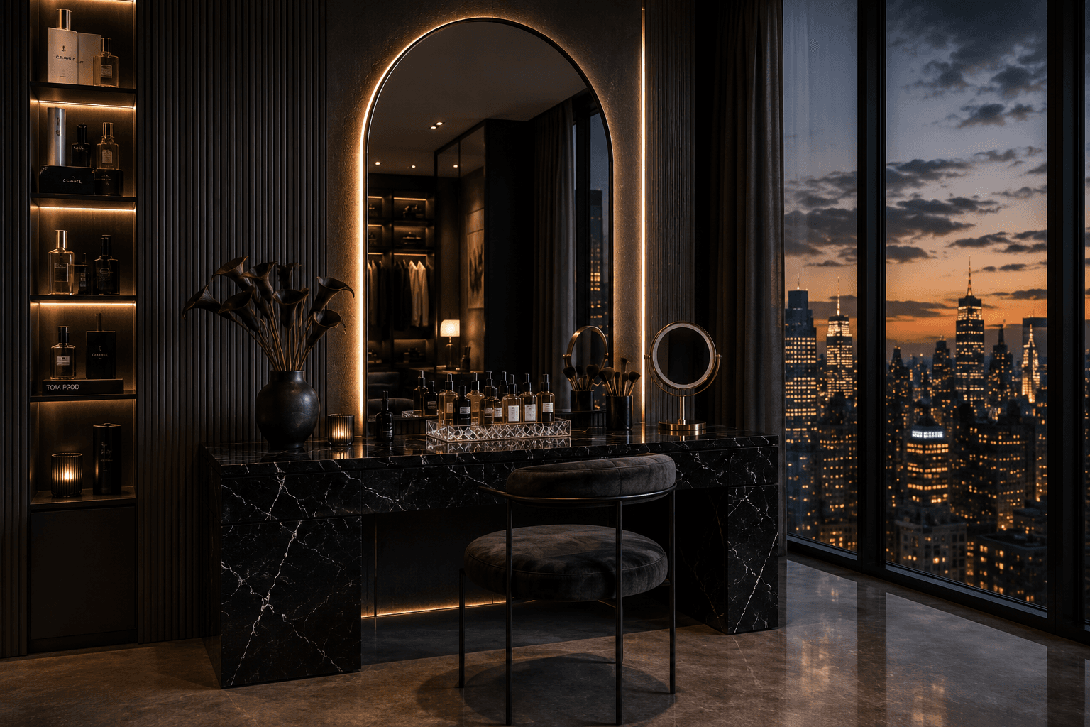 A Noir Marble Vanity with a Penthouse Skyline at Dusk