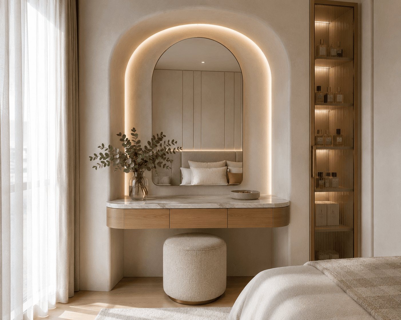 A Plaster Arch Vanity Niche with a Double Halo Glow