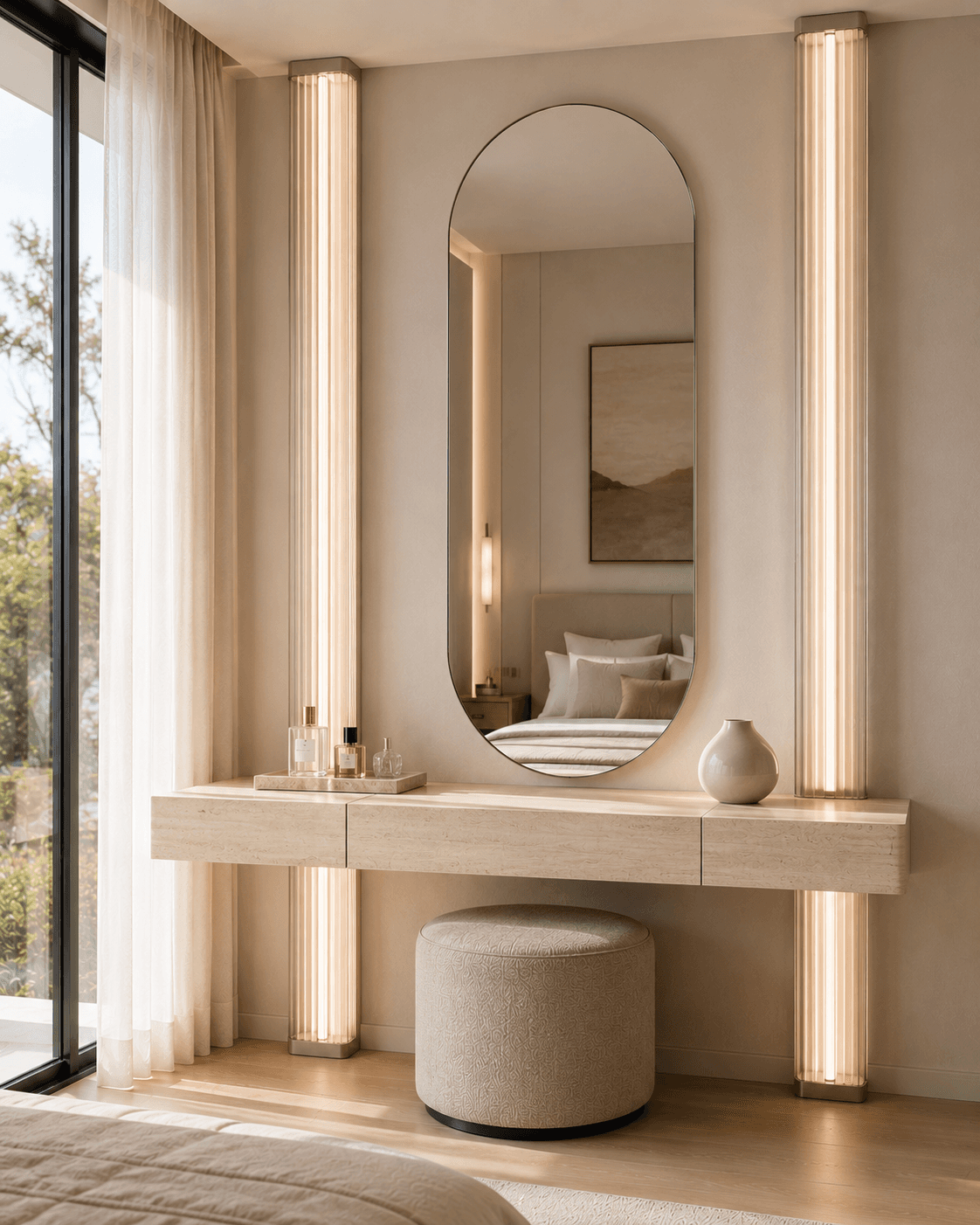 A Travertine Vanity Flanked by Fluted Glass Column Lights